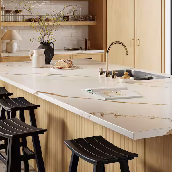 Laminate countertop sample with printed stone-look finish