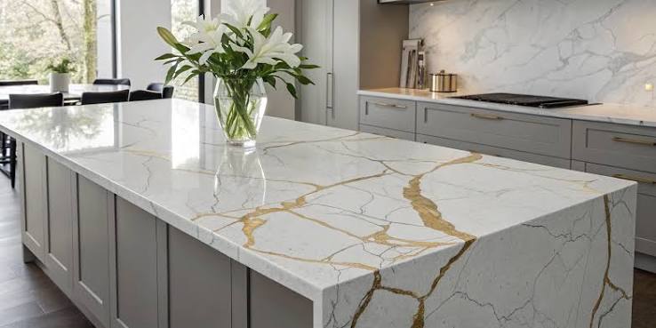 Quartz countertop slab sample with consistent engineered pattern